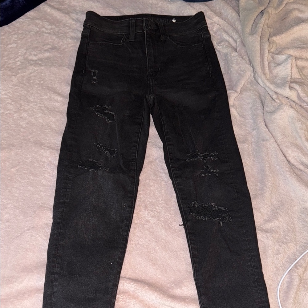 Black Ripped Distressed Next Level Stretch American Eagle Skinny Jeans - 00